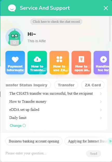 Image shows the ZA Bank's chatbot screen
