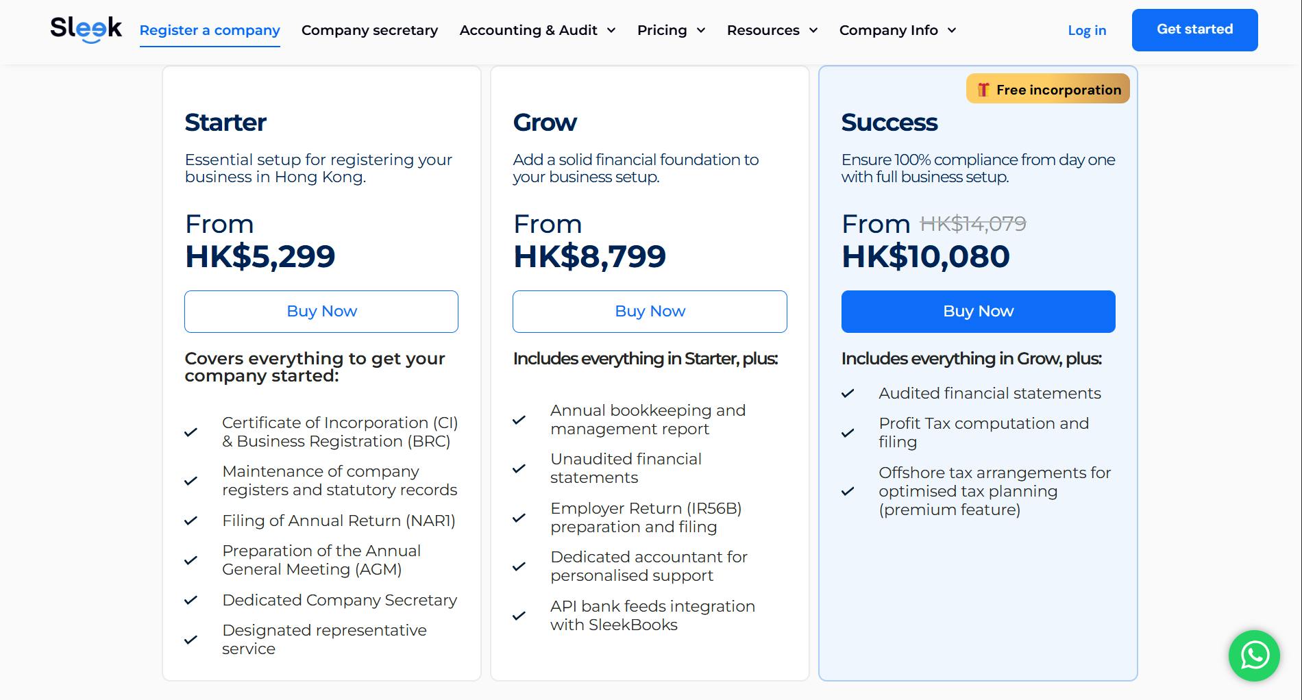 Screenshot of Sleek Hong Kong's Company Incorporation Packages on Register a Company Page