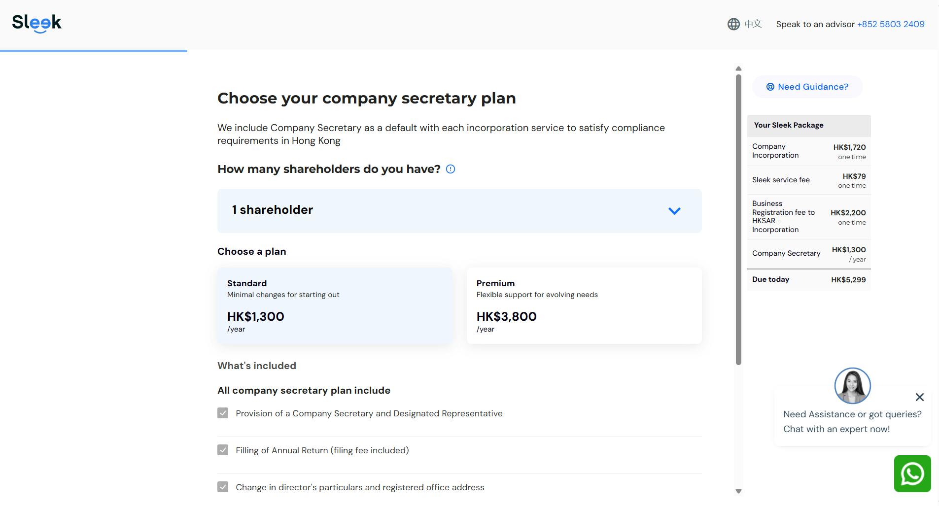 Screenshot of Sleek Hong Kong's Choosing Company Secretary Plan Page of Company Setup Process