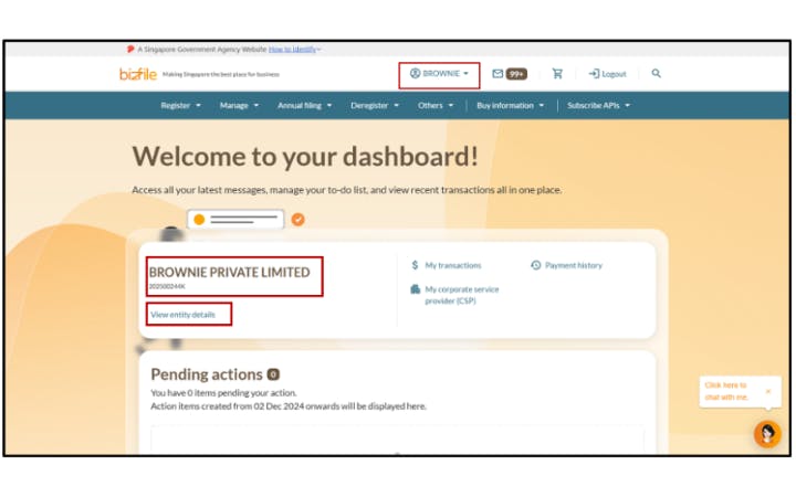 Screenshot of BizFile dashboard showing entity details and pending actions.