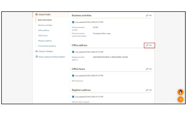 Screenshot of BizFile entity profile page showing business activities and registered office address with edit option