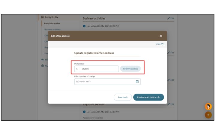 Screenshot of BizFile edit office address form with postal code field highlighted