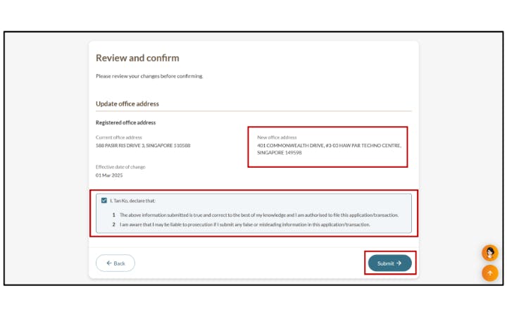 Screenshot of BizFile review and confirm page displaying current and new office address with declaration checkbox