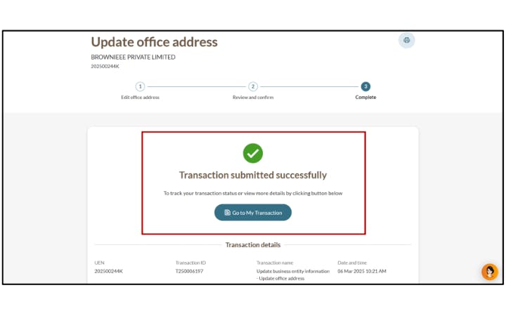Screenshot of BizFile confirmation page showing office address update transaction submitted successfully