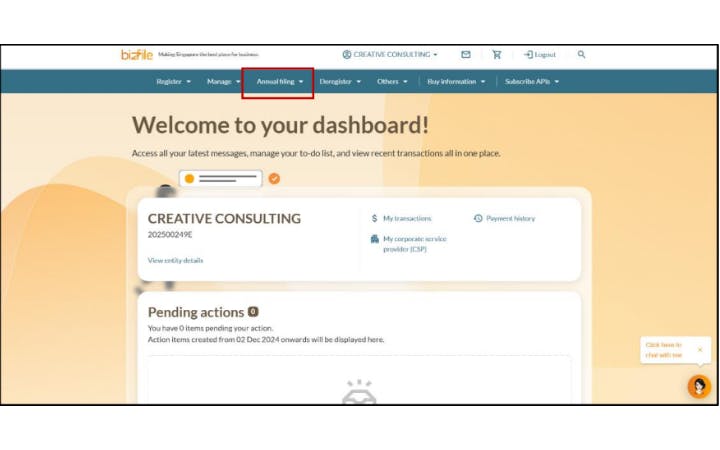 Screenshot of BizFile dashboard for company filings, highlighting the Annual Filing menu option.
