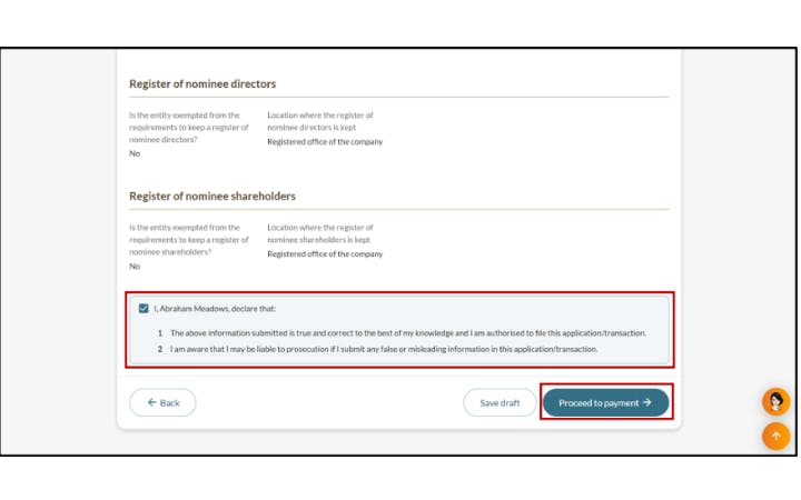 Screenshot of the declaration section for filing annual return on BizFile, showing confirmation checkbox and proceed to payment button.