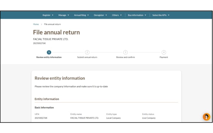 Screenshot of BizFile annual return filing page showing step one, review of entity information for a company.