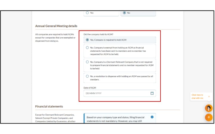 Screenshot of Annual General Meeting filing details in BizFile, with options for AGM held, exemptions, or resolutions.