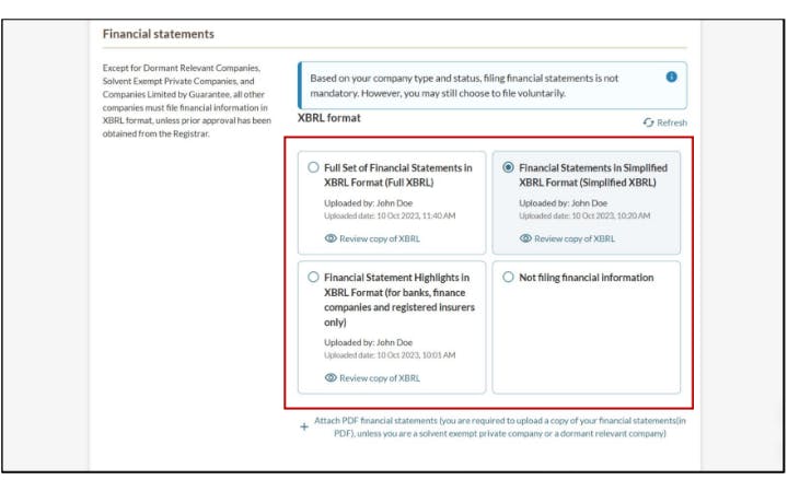 Screenshot of  Financial statements filing options in BizFile, including Full XBRL, Simplified XBRL, Highlights, or not filing.