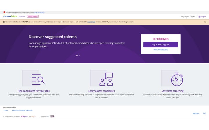 Screenshot of MyCareersFuture portal showing suggested talents section with employer login via CorpPass