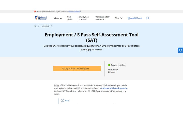 Screenshot of Singapore Ministry of Manpower SAT portal for checking Employment Pass or S Pass eligibility with Singpass login