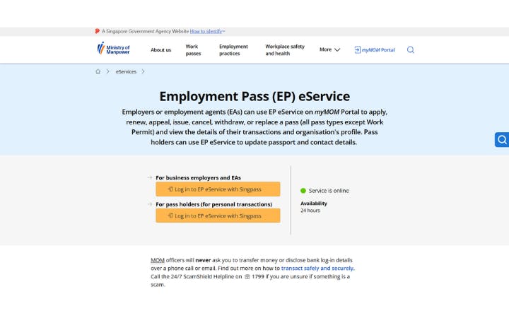 Screenshot of Singapore Ministry of Manpower EP eService portal for employers, employment agents, and pass holders to manage Employment Pass applications