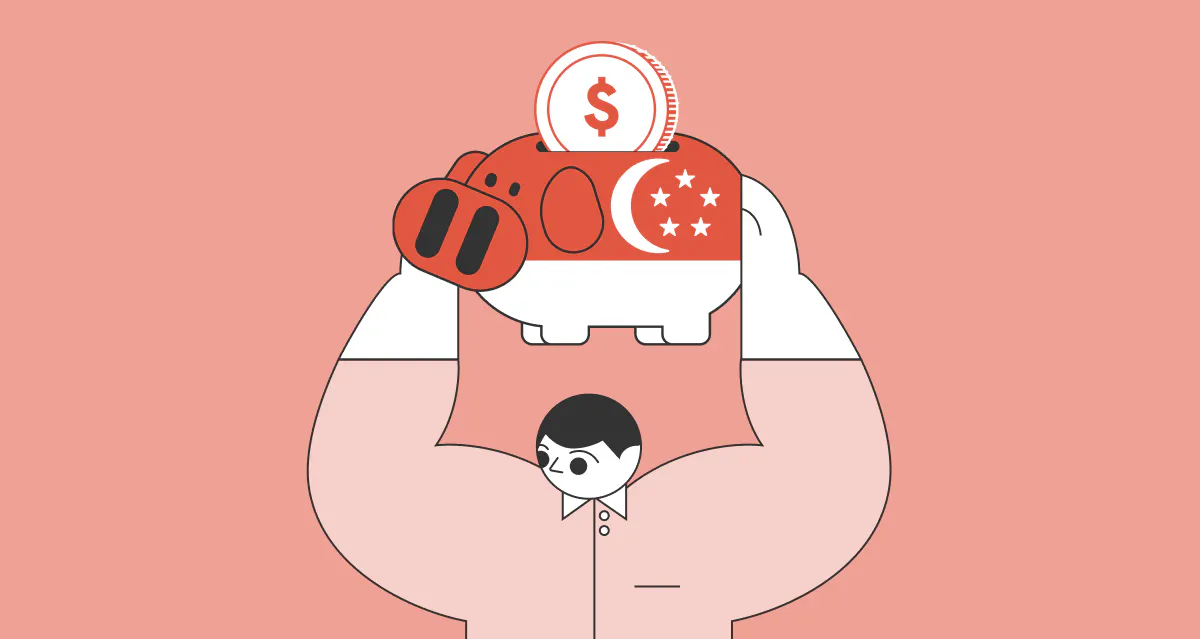 An illustration of a man holding up a Singapore piggy bank