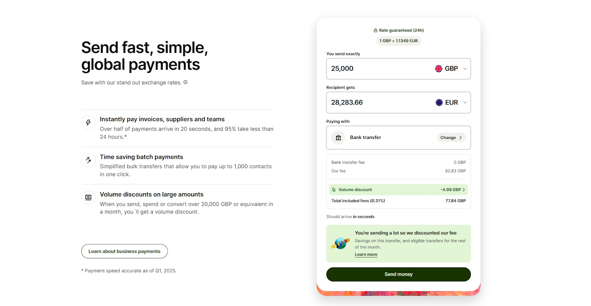 screenshot showing Wise's send global payments feature