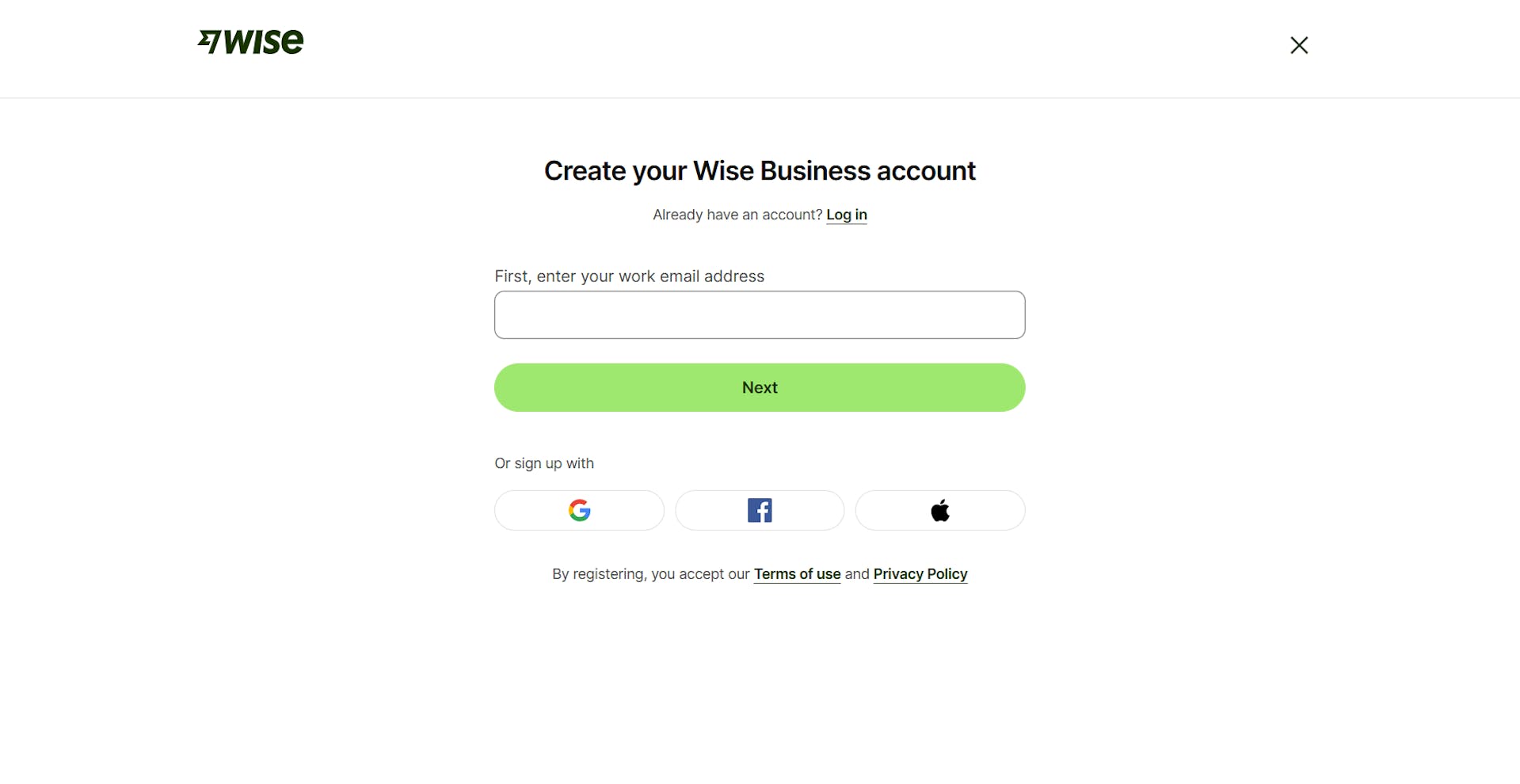 Wise Business account registration page with work address required