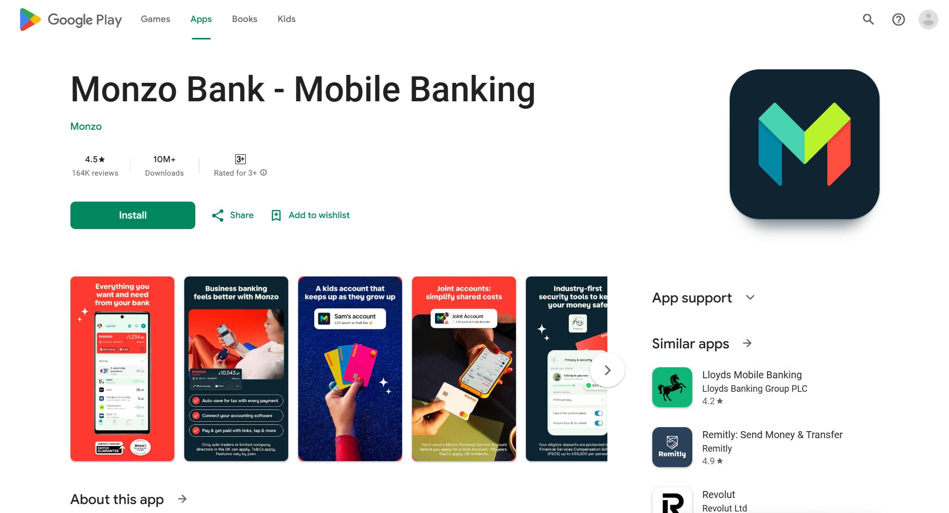 Screenshot of Monzo Bank mobile app listing on Google Play showing ratings, downloads, and feature.