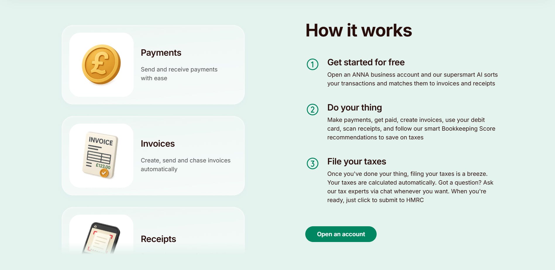 Screenshot of ANNA Business account features for payments, invoicing, and receipts with a step-by-step explanation of how the service works