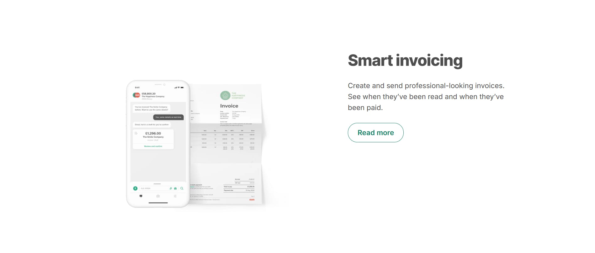 Screenshot of ANNA Business app showing smart invoicing features with a mobile invoice preview and a printed invoice