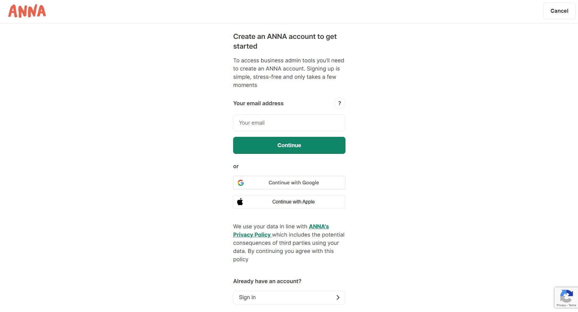 Screenshot of ANNA Business account sign-up page showing email entry, Google and Apple login options, and privacy policy notice
