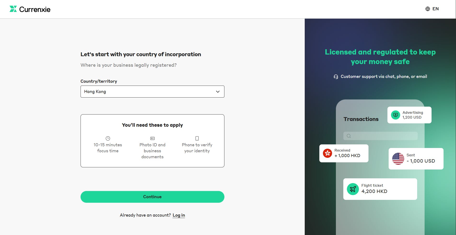 Screenshot of Currenxie Business onboarding screen with country selection and application requirements