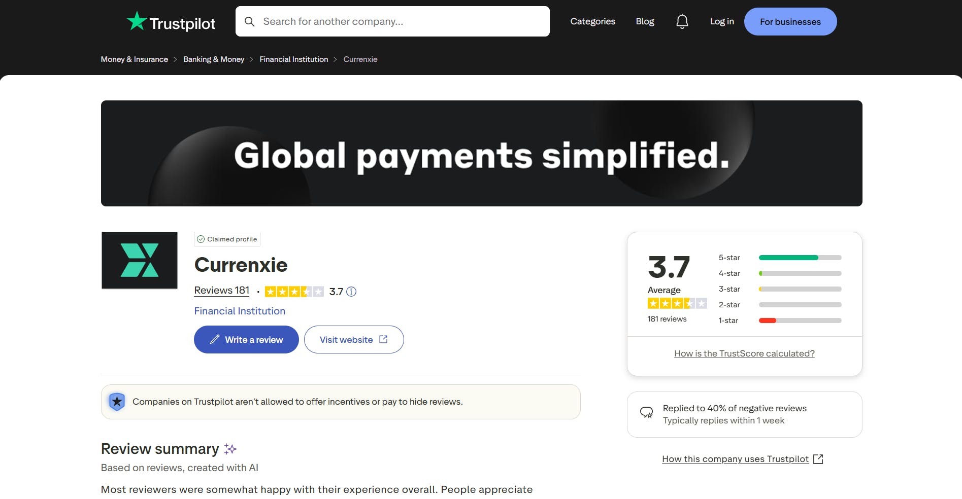 Screenshot of Currenxie Trustpilot rating and review