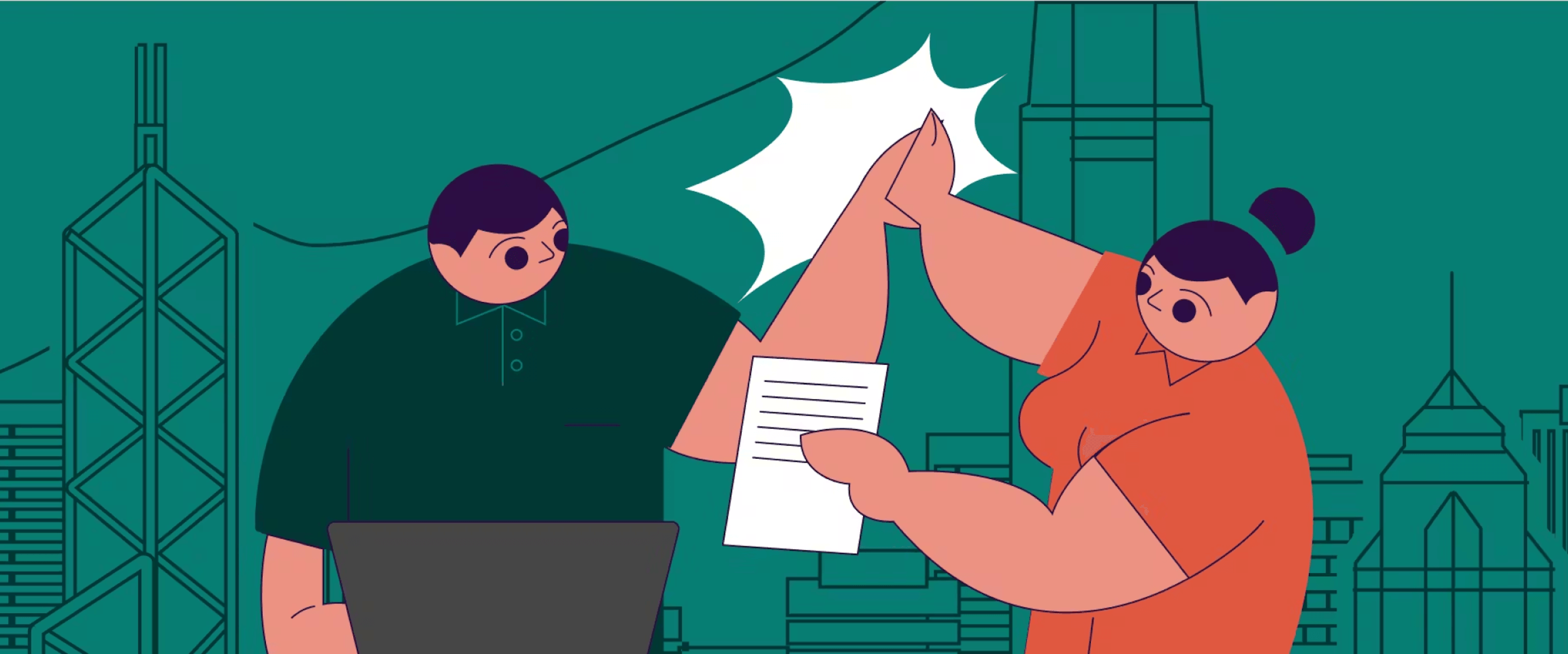 A graphic of a Statrys boy and a Statrys lady giving each other a high five while on the computer