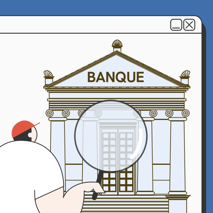 Statrys boy with magnifying glass looking for an online bank