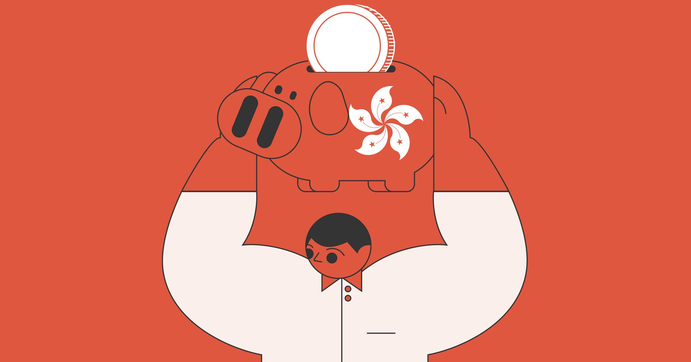 illustration of statrys mascot holding a piggy bank with Hong Kong logo and a red background. 