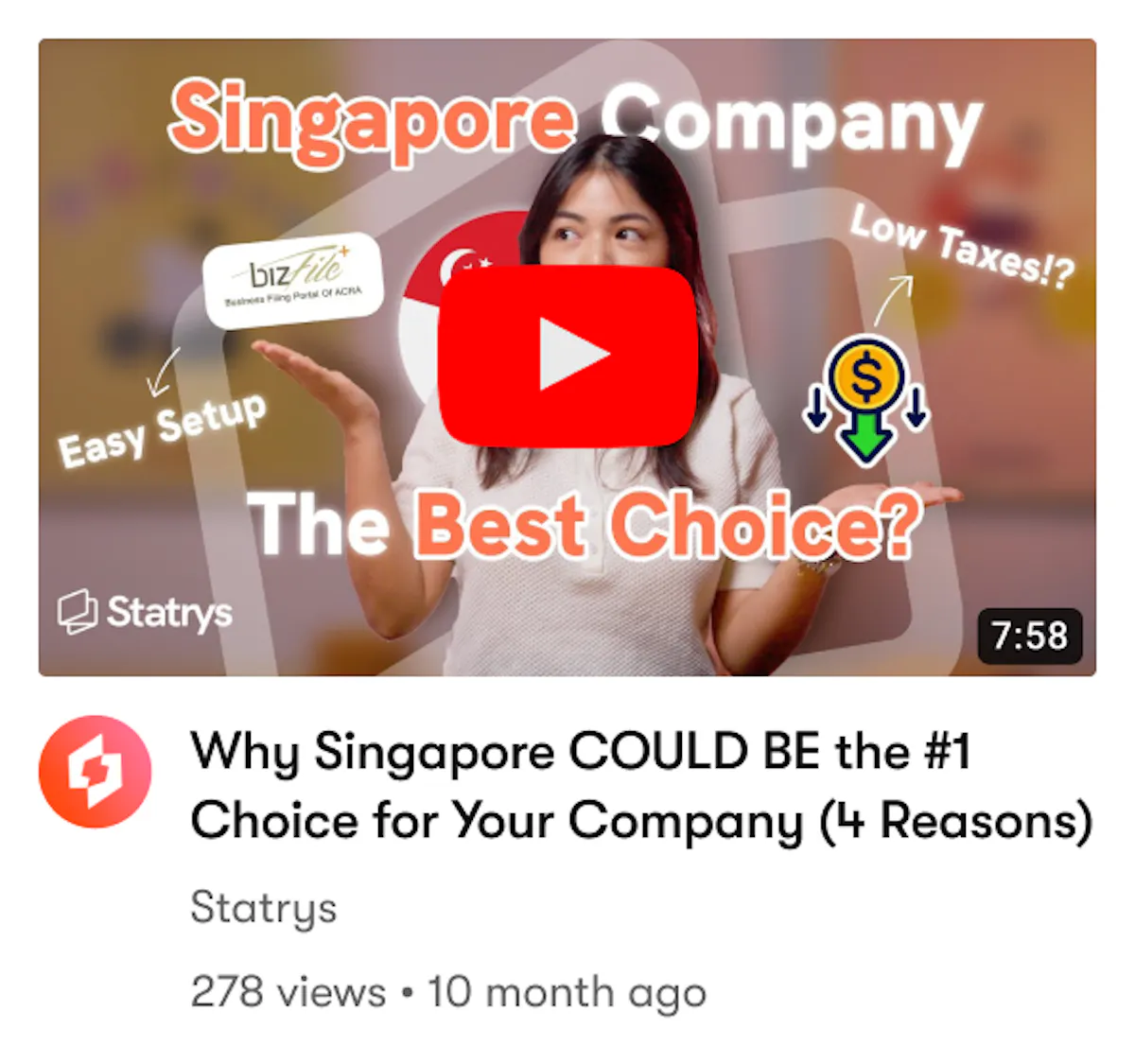 YouTube video featuring our "Why Singapore COULD BE the #1 Choice for Your Company (4 Reasons)"