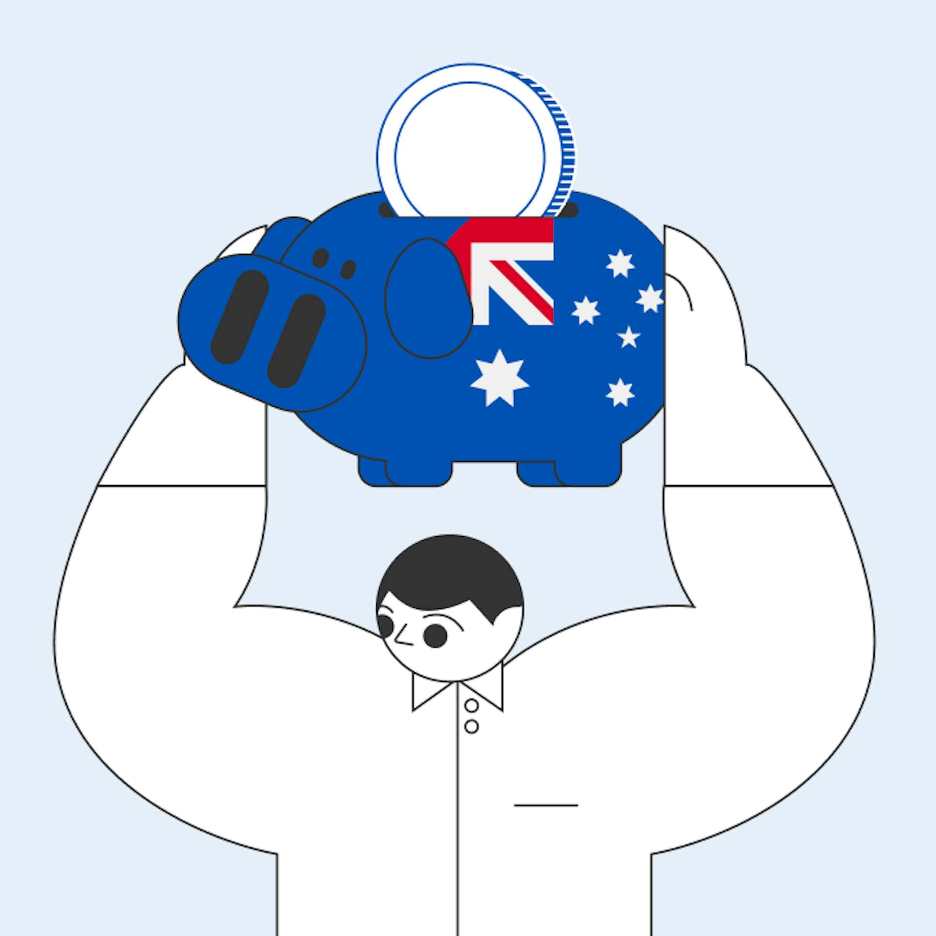 An illustration of a man holding an Australian-themed piggy bank flag.