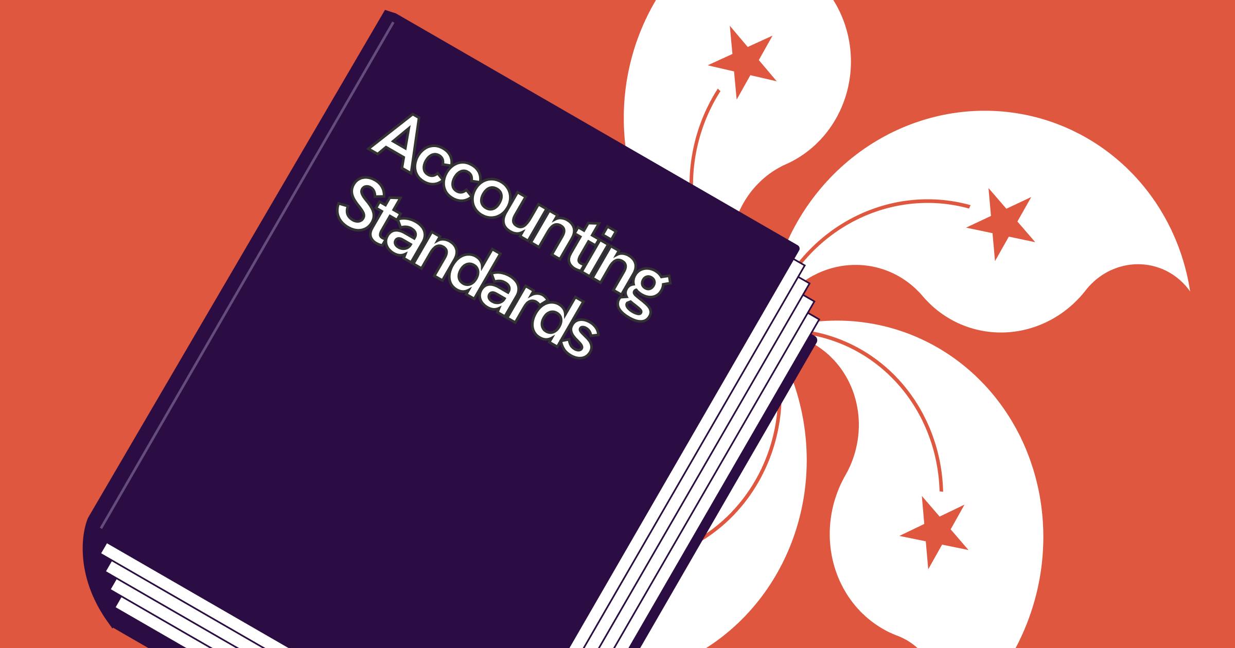 an illustration of a book with a cover that says "Accounting Standards" with a Hong Kong symbol as the background.