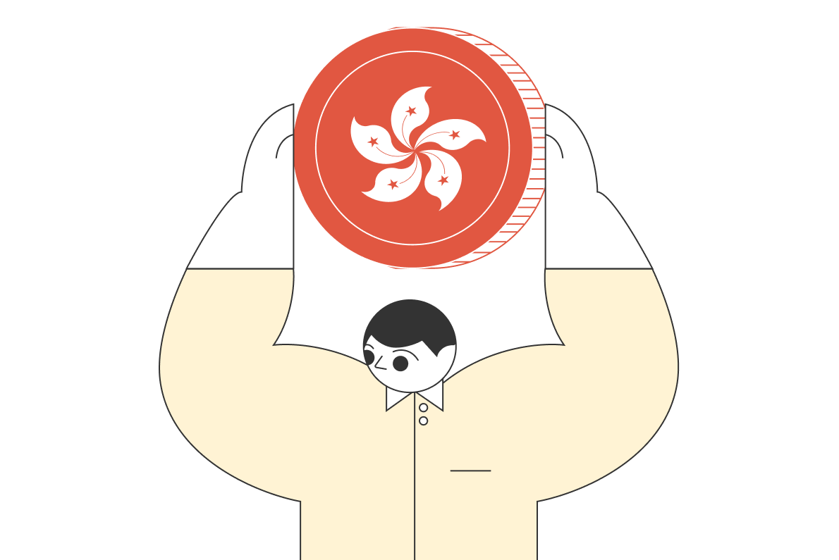 A graphic of a man holding a coin with the Hong Kong flag
