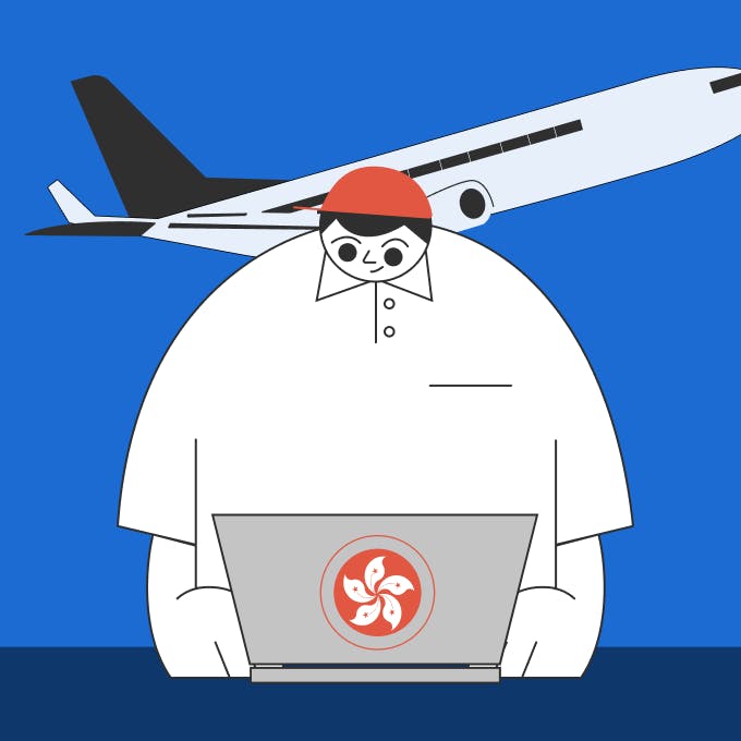 an illustration of statrys mascot working on a laptop with a hong kong logo and an airplane in the background.
