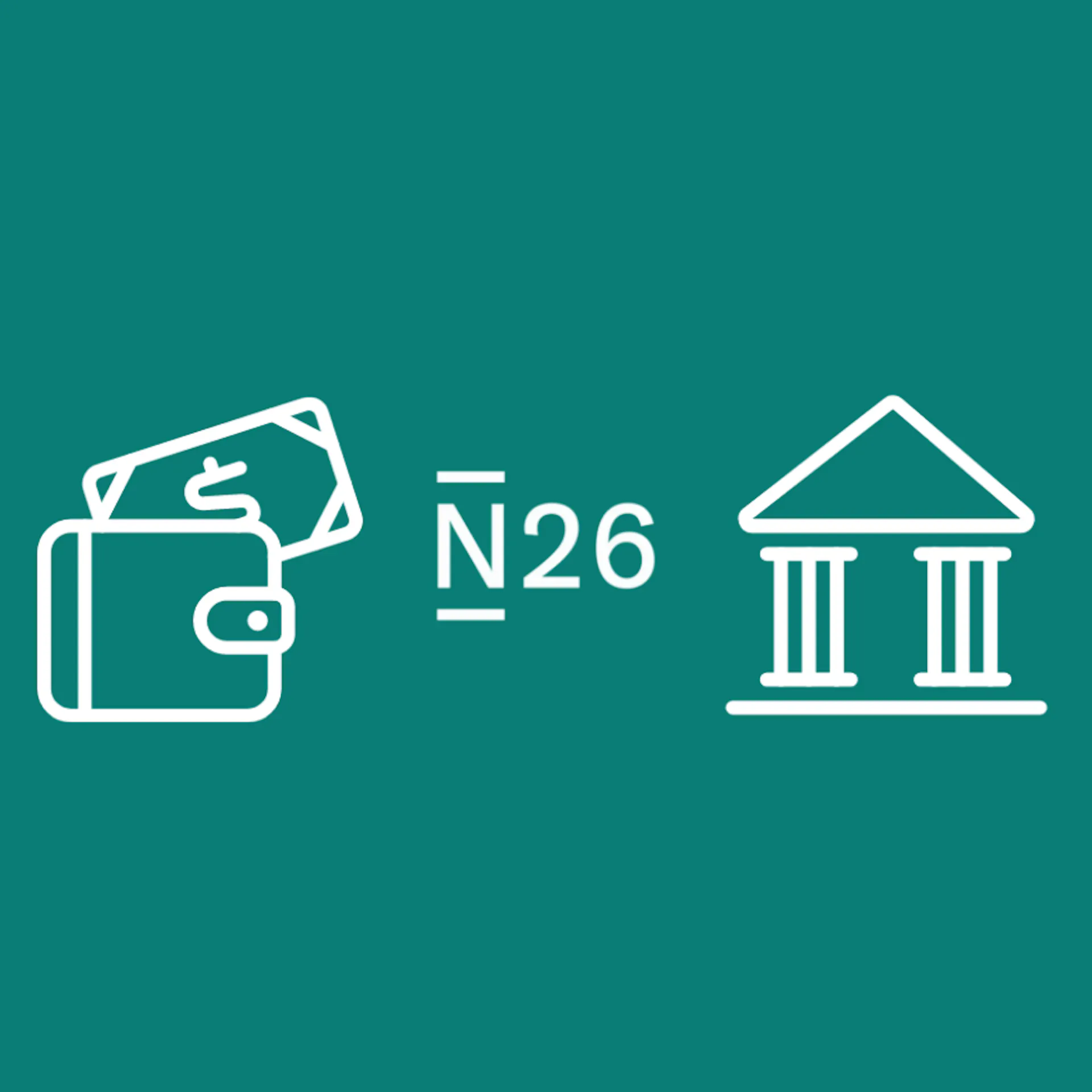 Illustration of N26 logo, banking and transfers icon on teal background