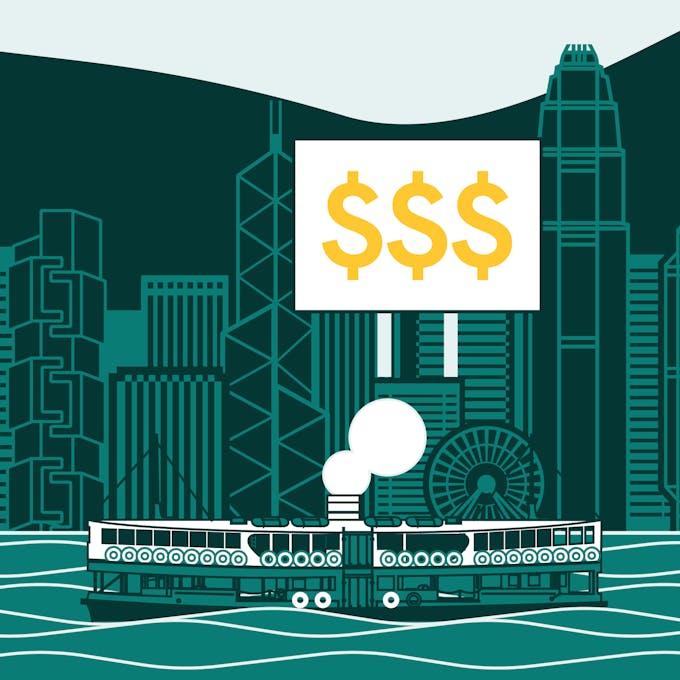The skyline of Hong Kong with a board with dollar signs to highlight costs