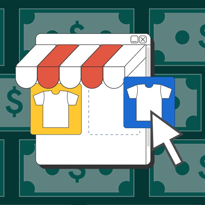 an illustration of a mouse pointer selecting a t-shirt from an ecommerce store