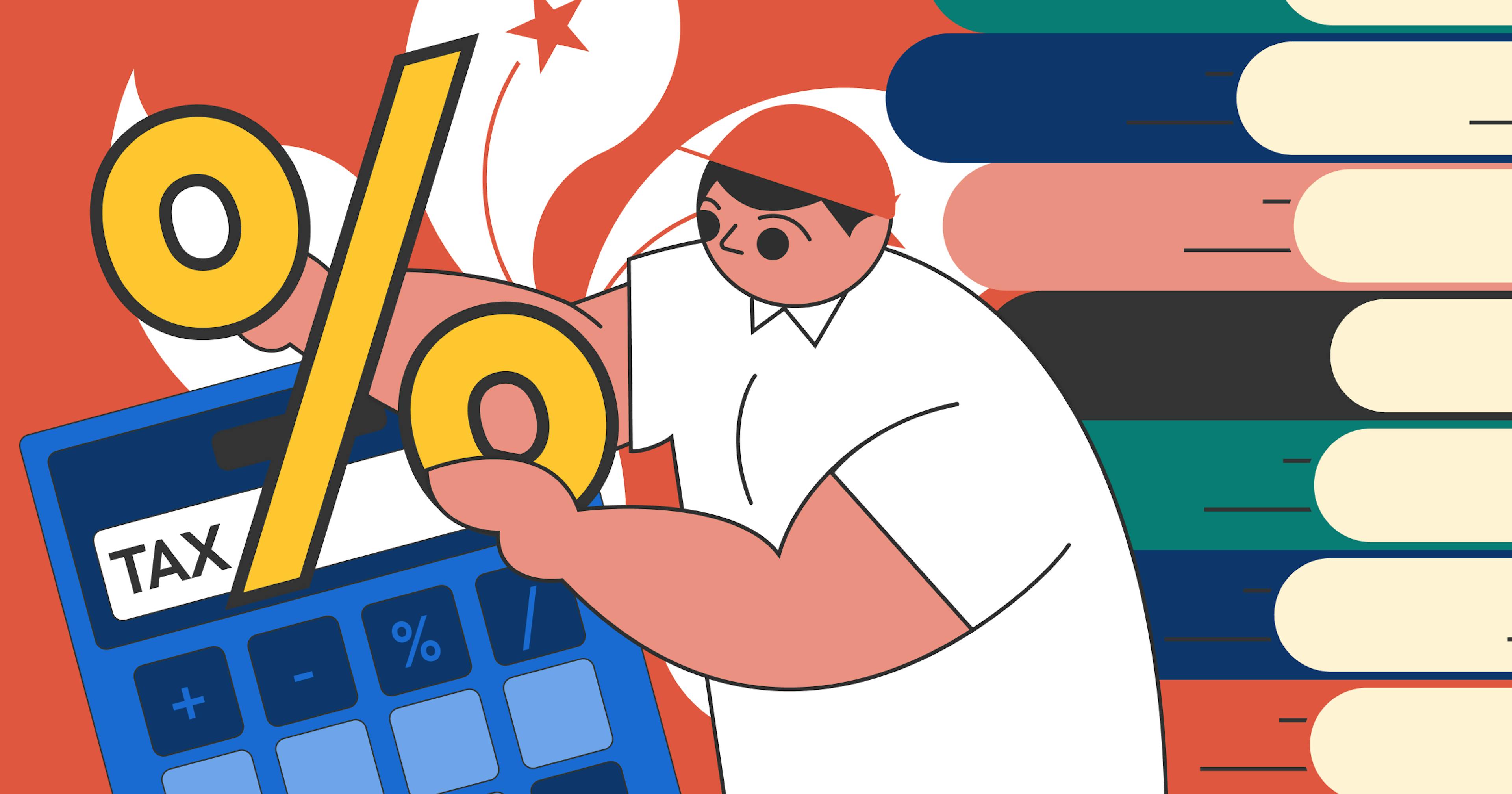 an illustration of statrys mascot holding a calculator that says "TAX"