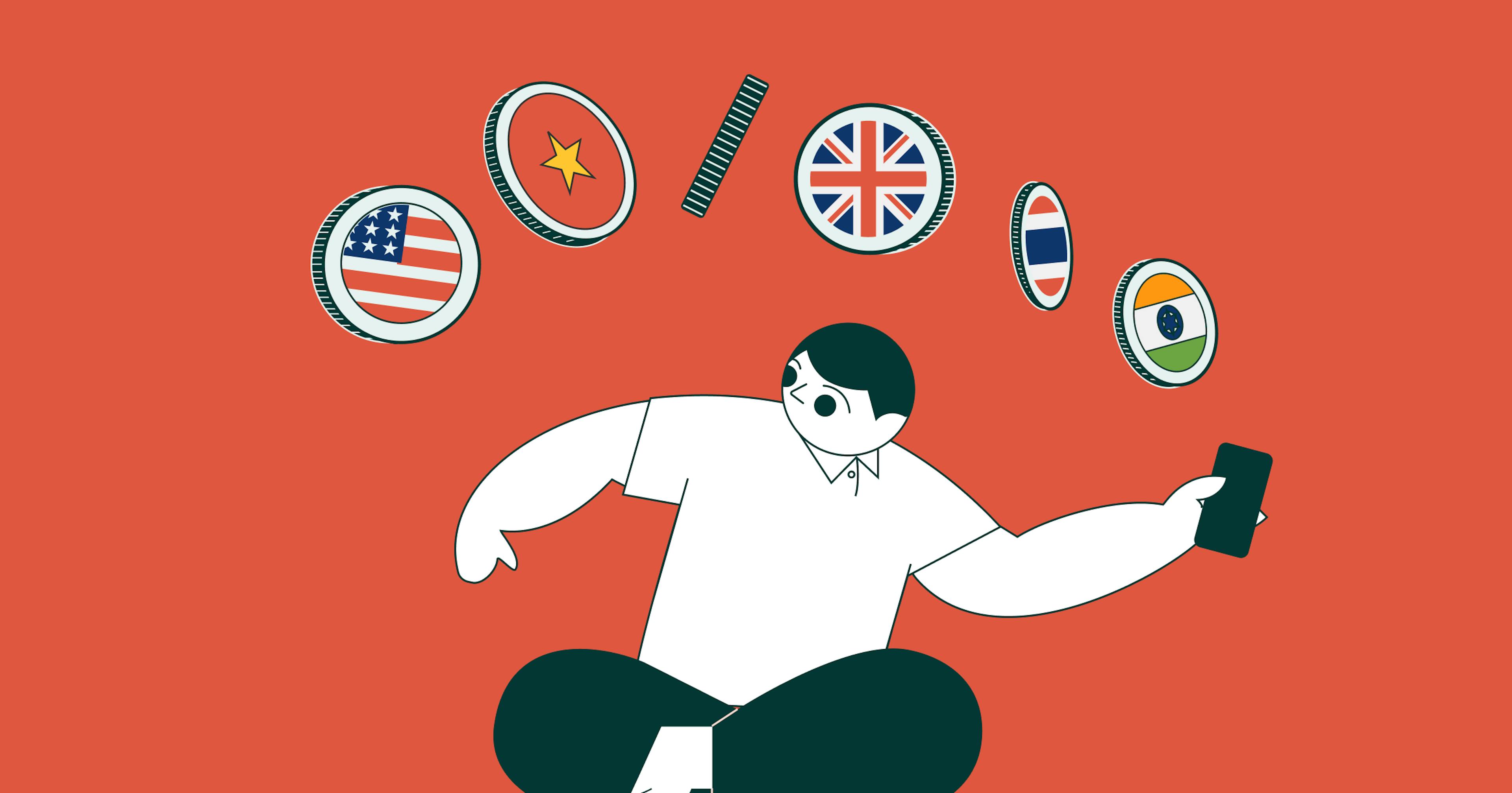 An illustrated man using a multi-currency business account.