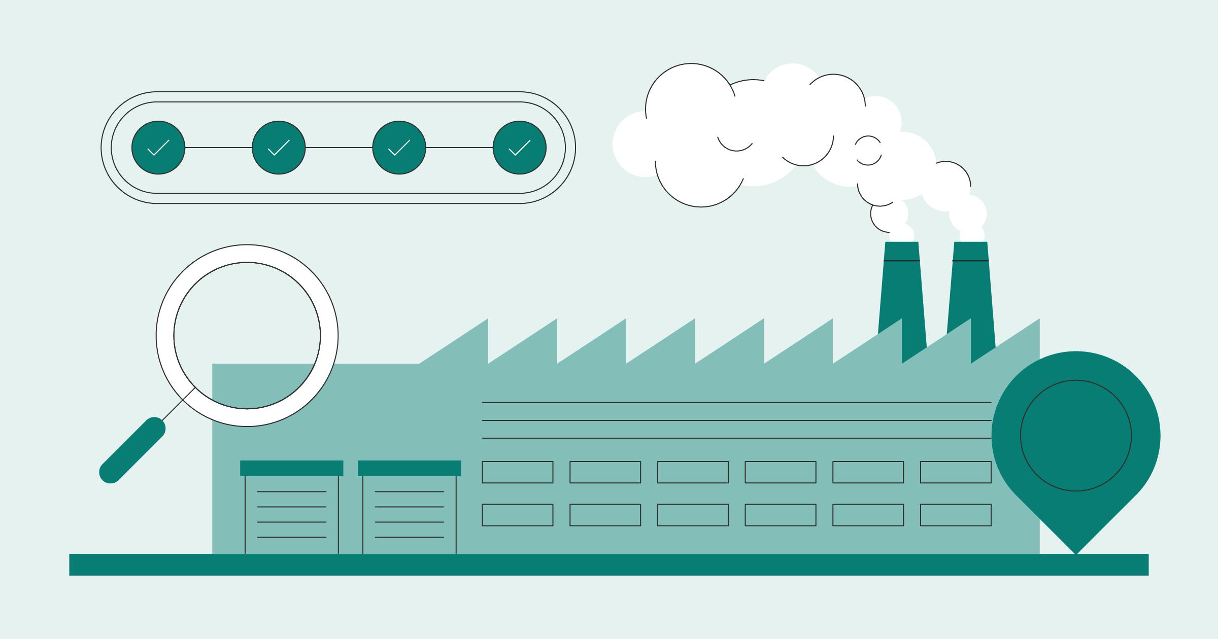 Illustration of a factory with a magnifying glass to show how to find manufacturers for your product.