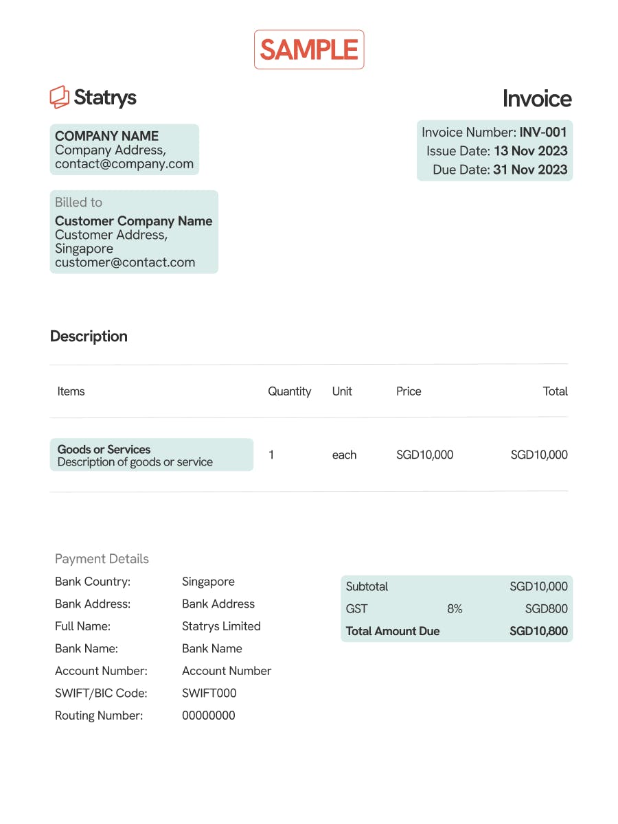 An example of an invoice template of Singapore