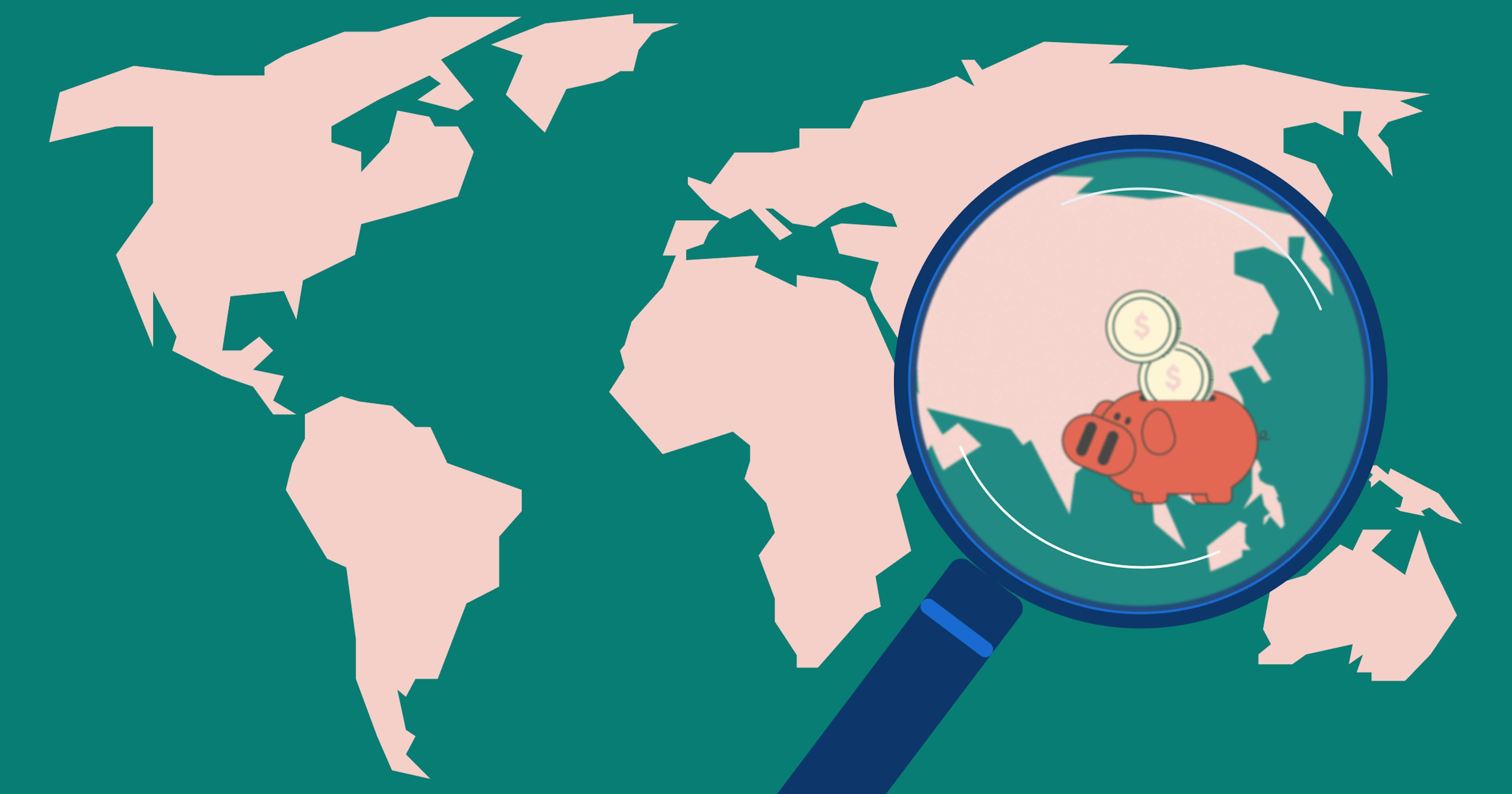 A magnifying glass zooming into a bank located in a specific country