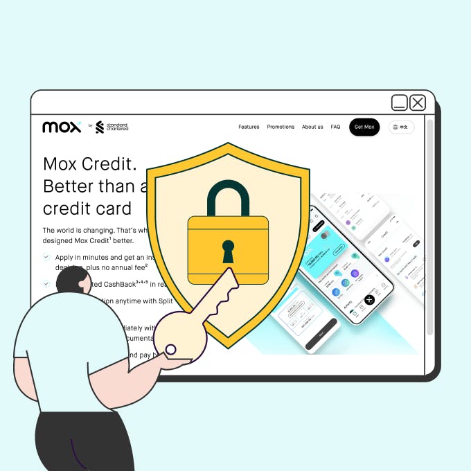 A person trying to open a lock in front of a Mox Bank screenshot