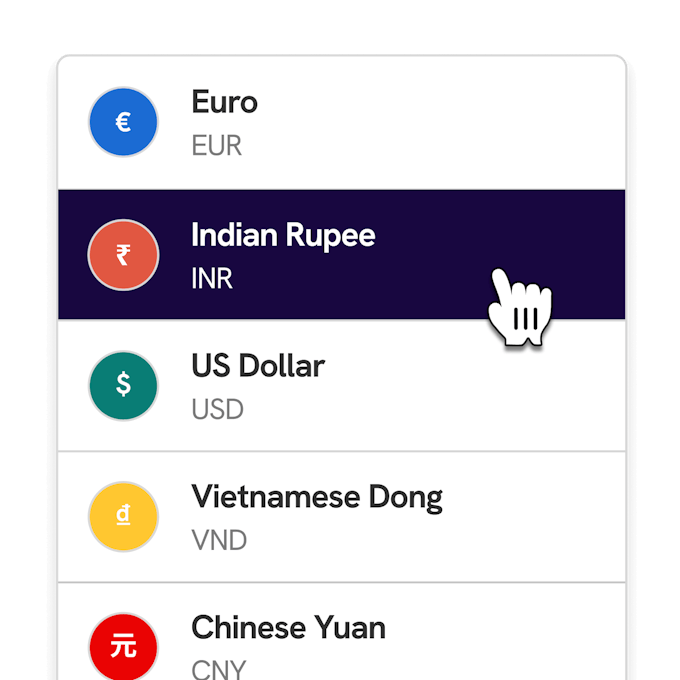 A dropdown of some supported currencies by the Statrys business account.