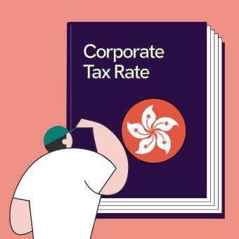 illustration of Statrys mascot staring at a giant book that says Corporate tax rate with a large Hong Kong symbol.