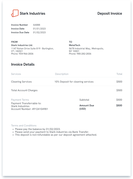 a screenshot example of what a deposit invoice looks like