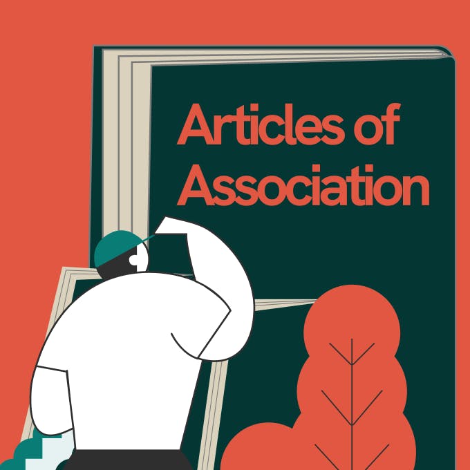 an illustration of statrys mascot looking at a large book titled "articles of association".