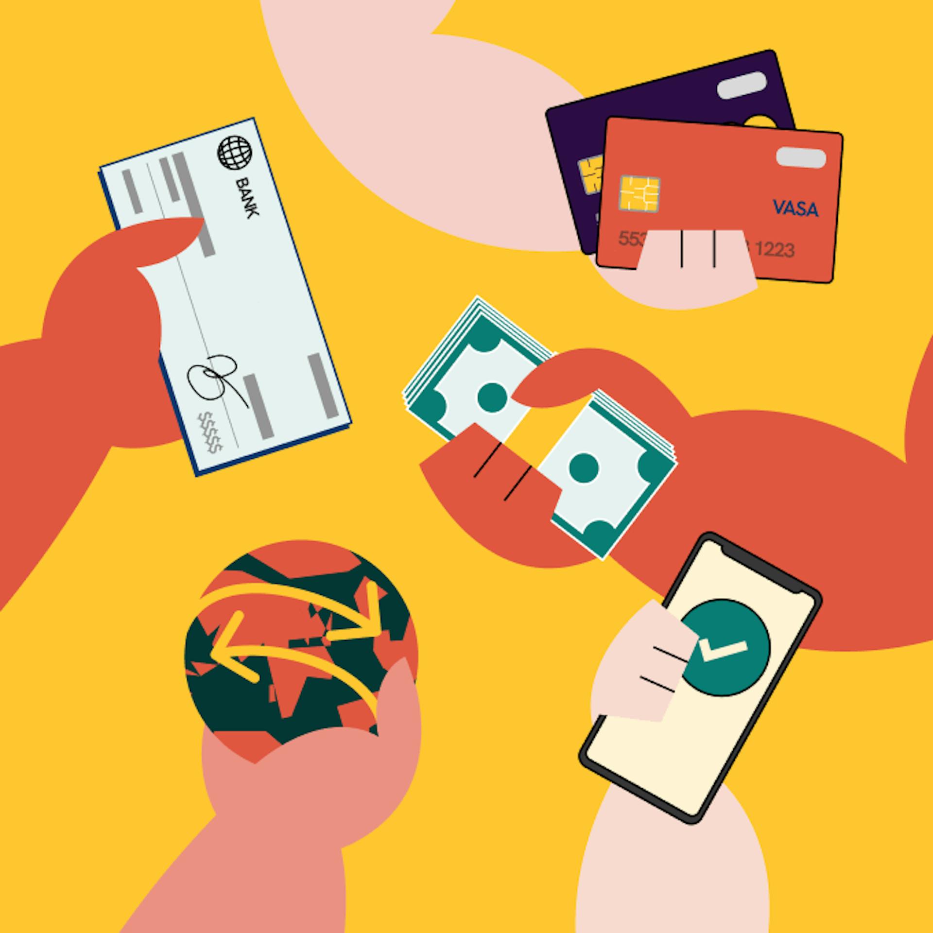 An illustration of different types of payment methods used in Hong Kong, including credit cards, wallets, checks, and cash.