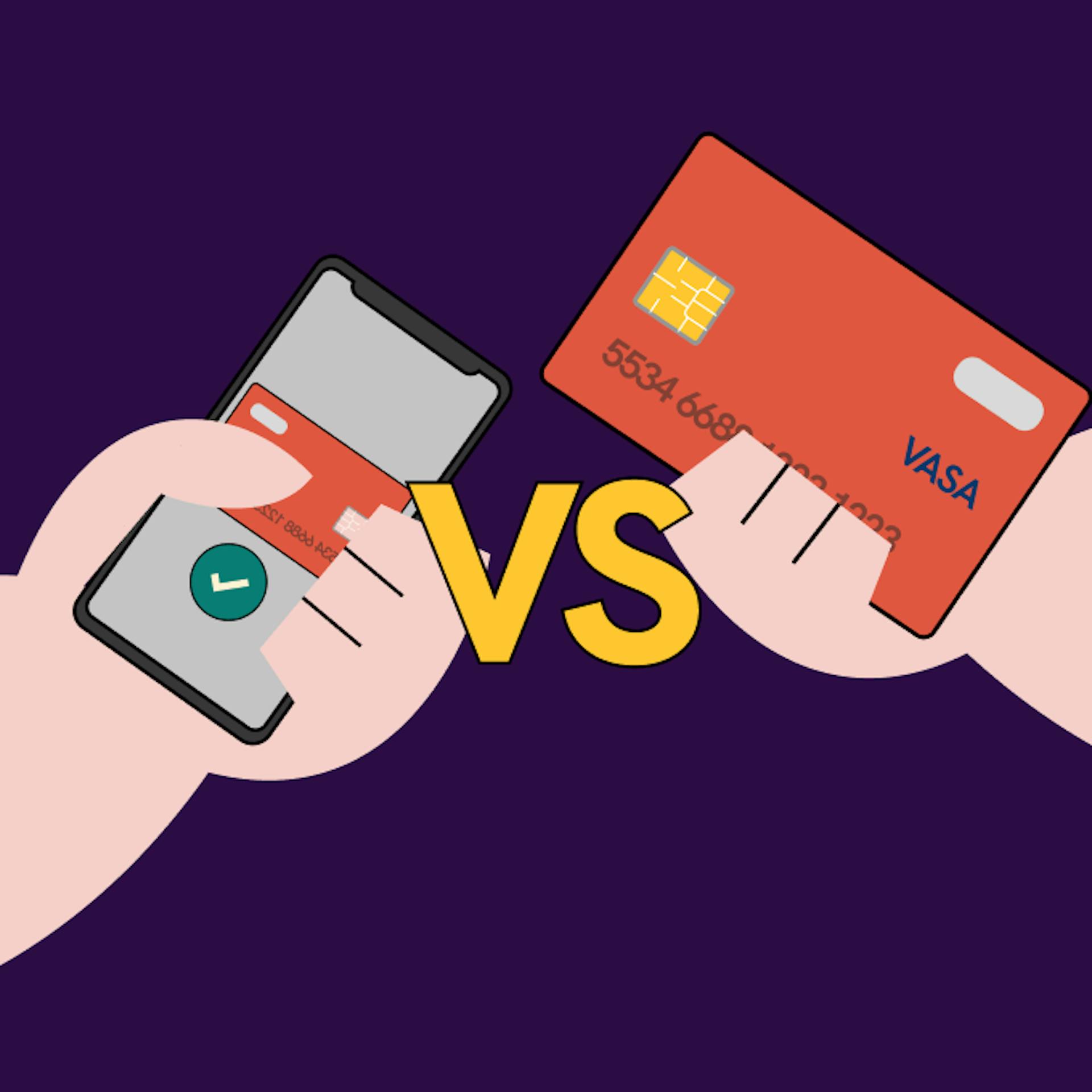 An illustration of a virtual card held against a physical card.