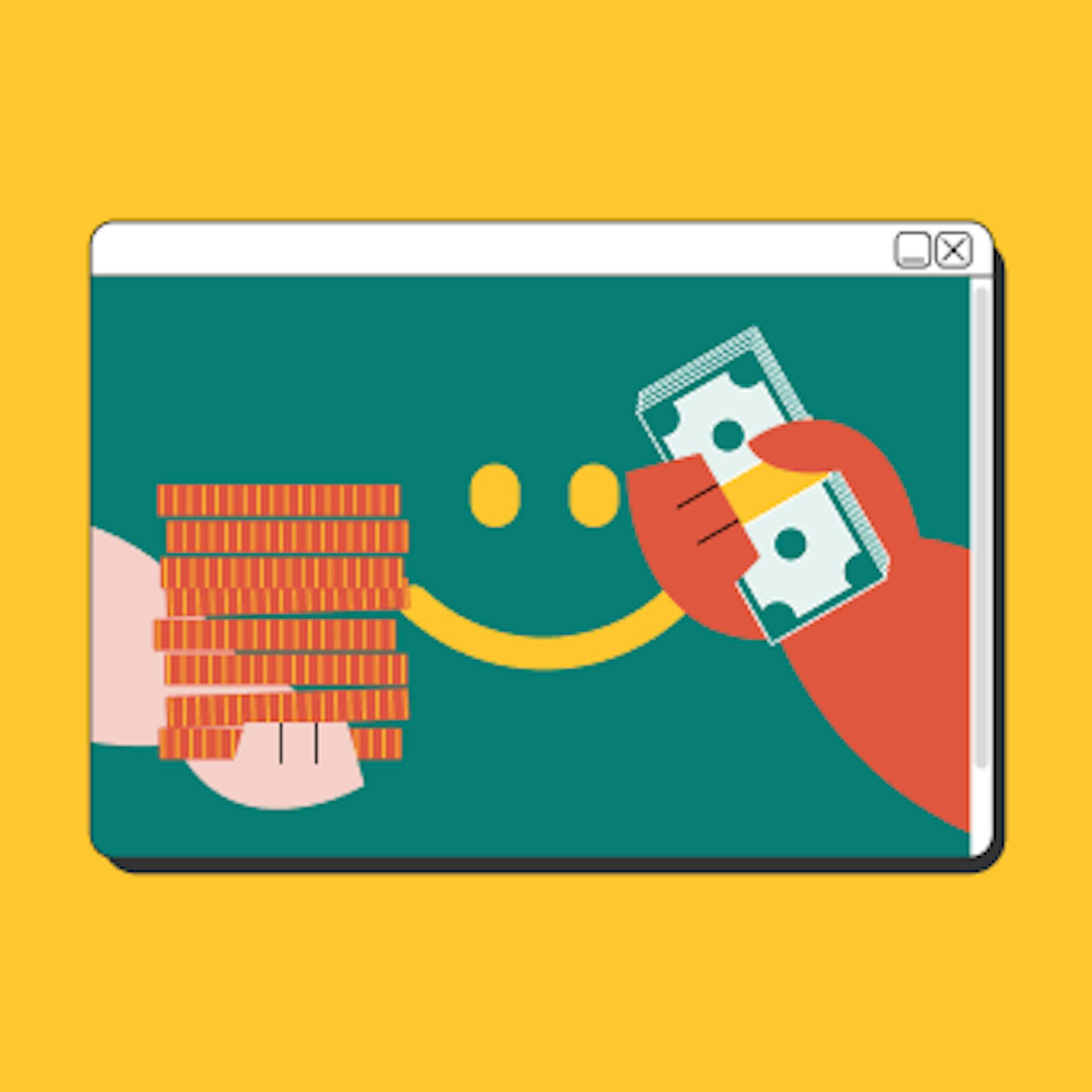 An illustrated website showing a pile of coins, paper cash, and forex platforms for trading.