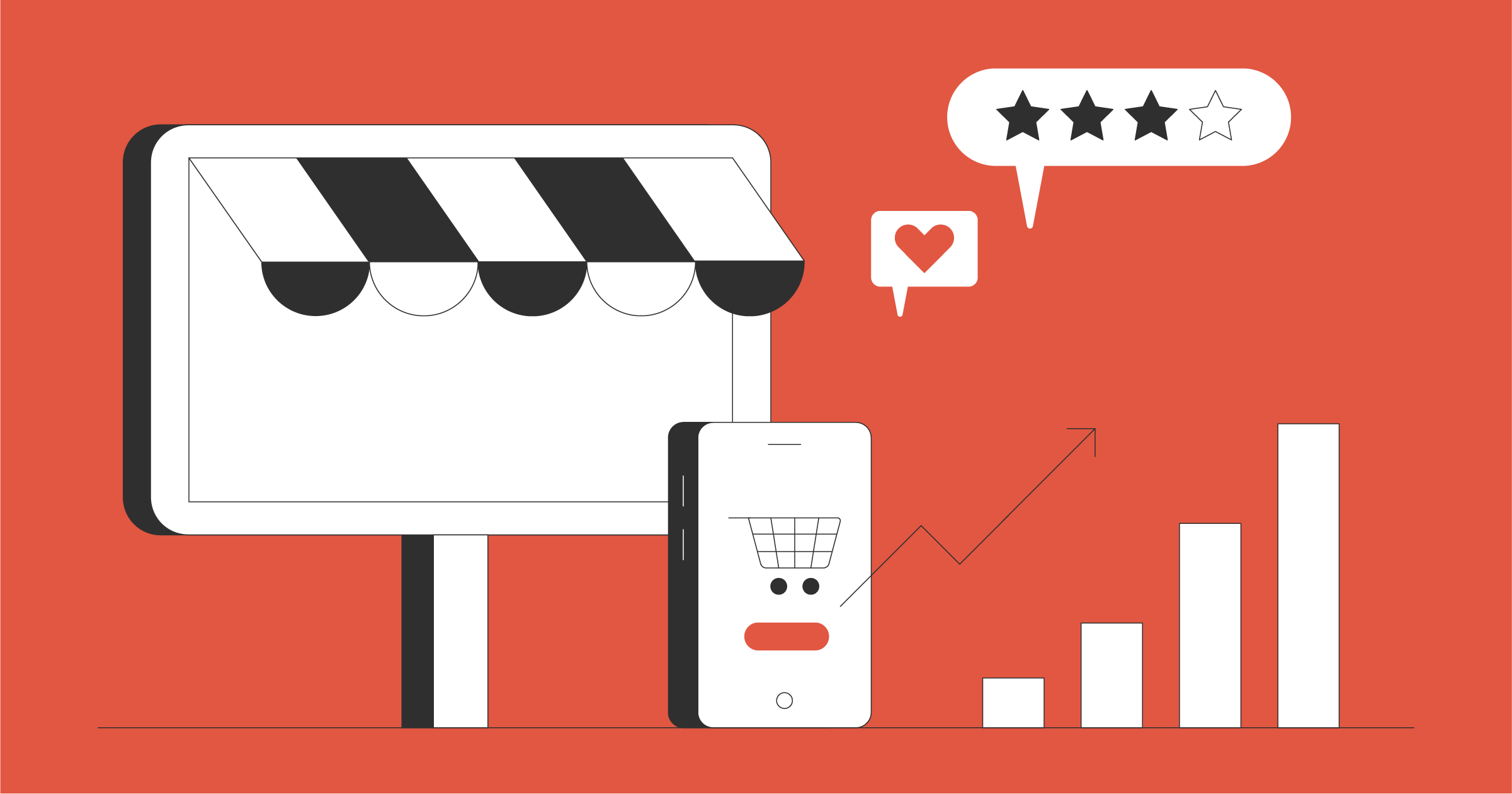 A storefront, a cell phone, and five-star review icon represent the ecommerce industry and allude to ecommerce statistics to know